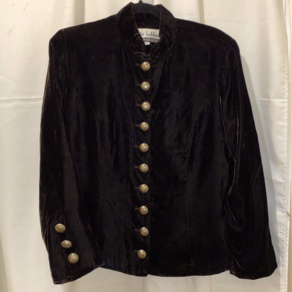 Lucia Lukken Broomskirts Vintage Dark Brown Velvet Silvertone Button Jacket Sz L